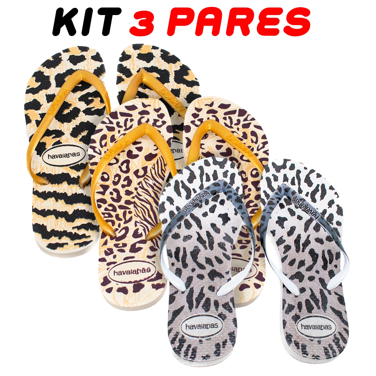 Kit 3 Chinelos Havaianas Feminino Estilo Onça