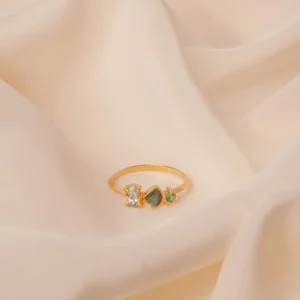 Anel Confiança (Esmeralda Bruta e Lapidada e Água Marinha) – Joia em Ouro 18k