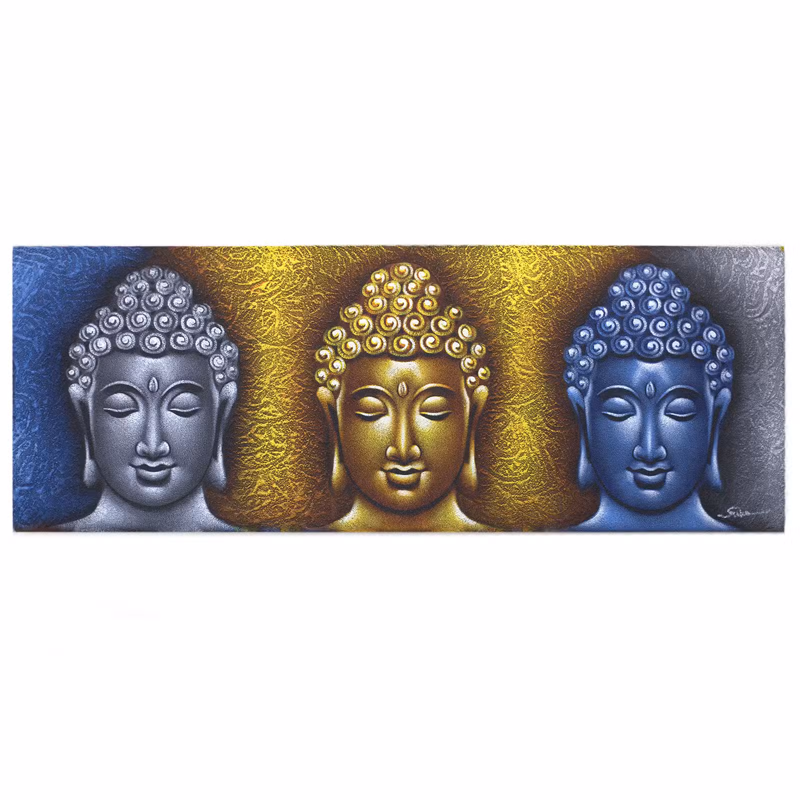 Quadro Pintura Buda Três Cabeças com Detalhe Dourado 120x45cm
