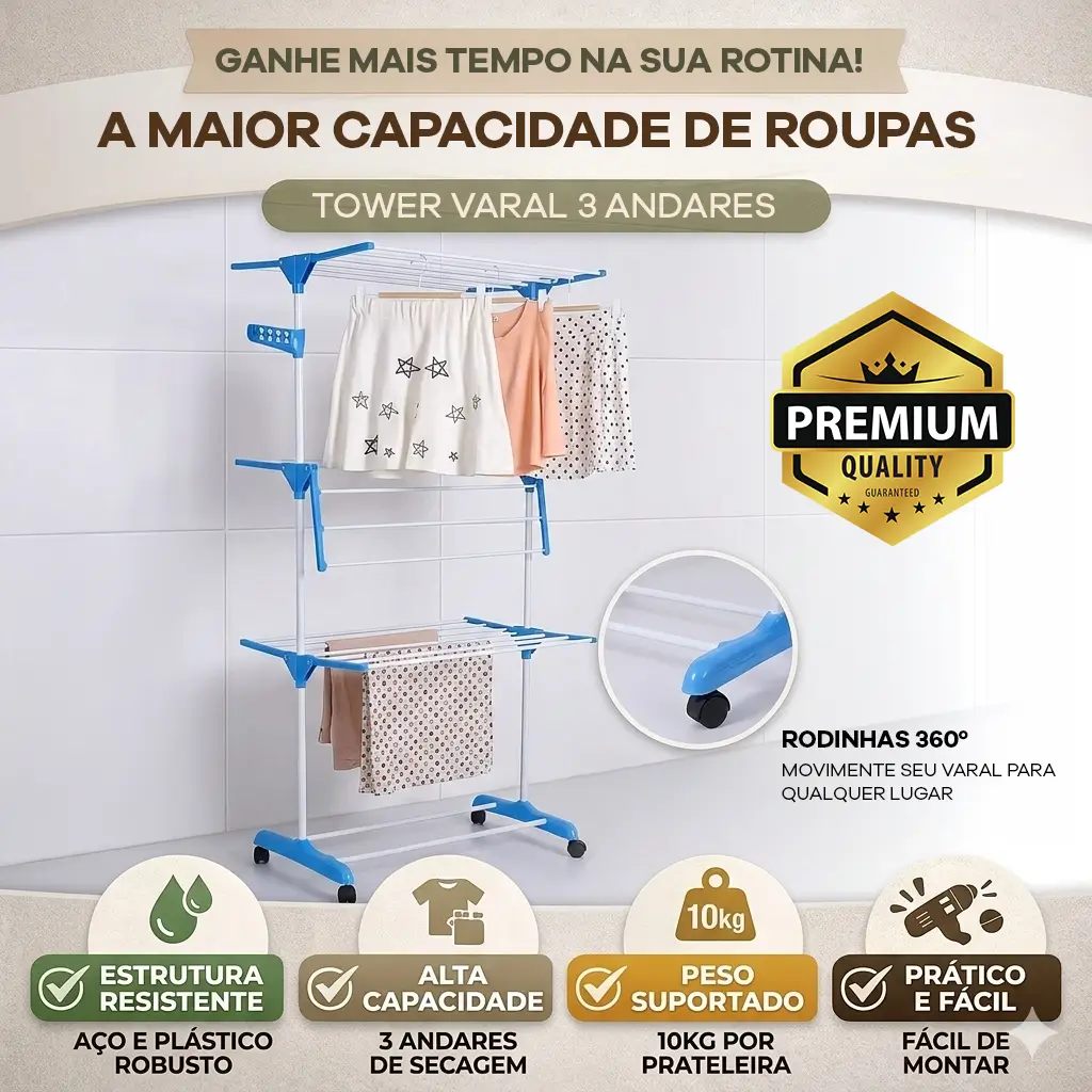 Varal Torre 3 Andares - Articulável e com Rodinhas - Image 4