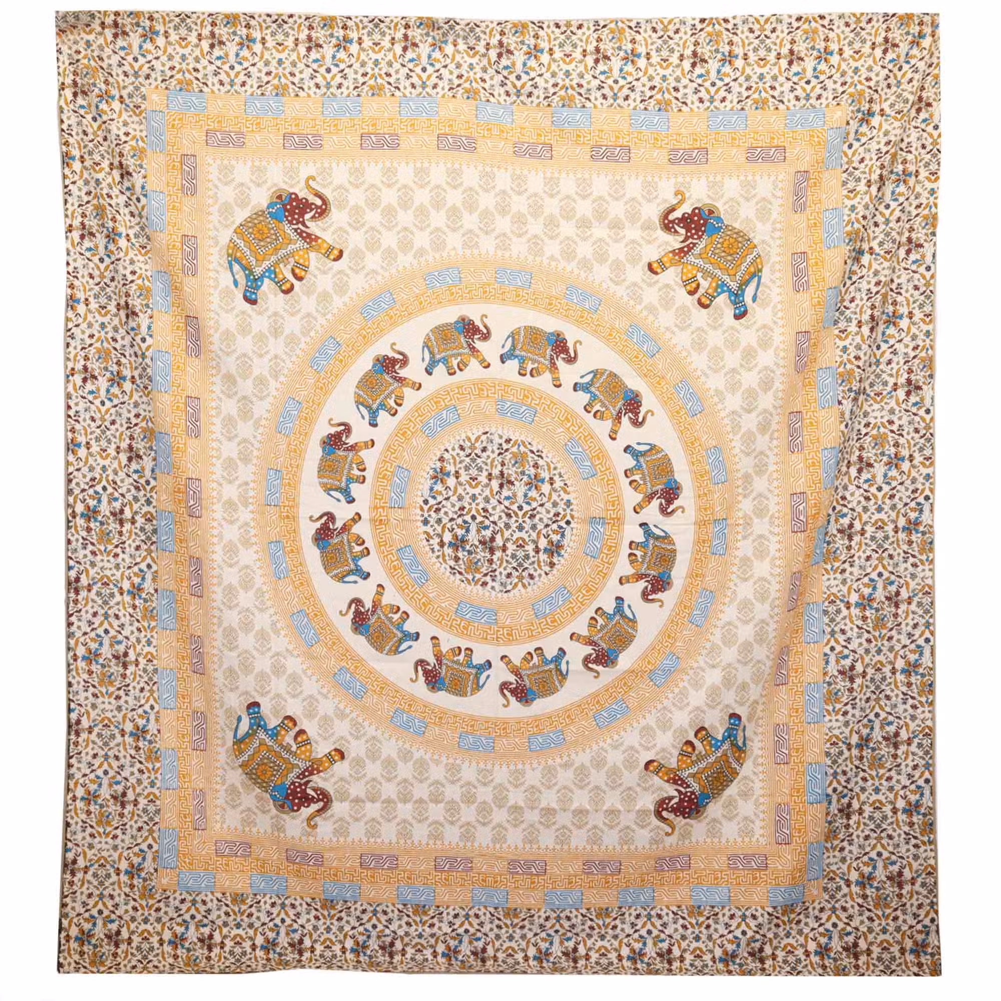 Tapeçaria de Parede Mandala Elefante Castanho e Azul 212×193 cm