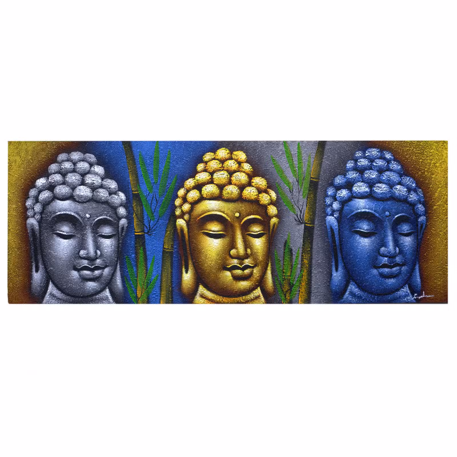 Quadro Pintura Buda Três Cabeças com Bambu 120x45cm