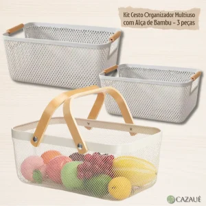 Kit Cesto Organizador Multiuso com Alça de Bambu - 3 peças