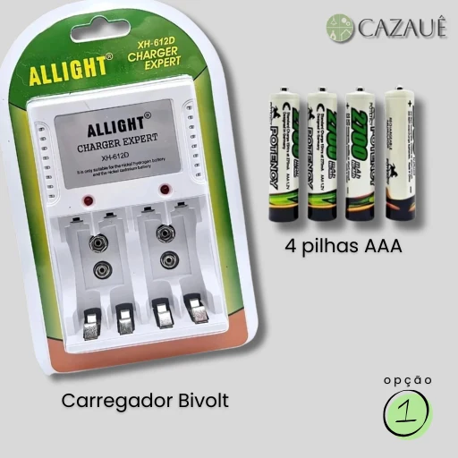 Kit Carregador de Pilhas AAA Bivolt + Pilhas Recarregáveis